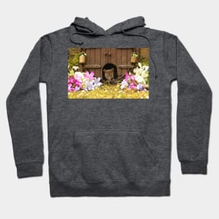 George the mouse in a log pile House spring flowers at the door Hoodie